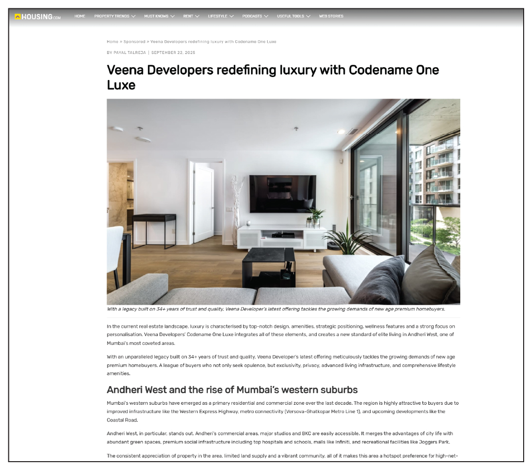 Veena Developers redefining luxury with Codename One Luxe