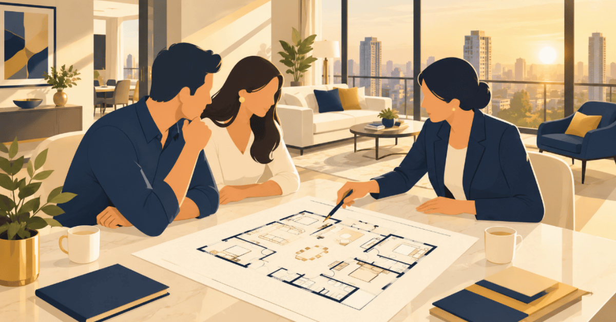 Buyers reviewing a floor plan at a sample flat in Andheri West