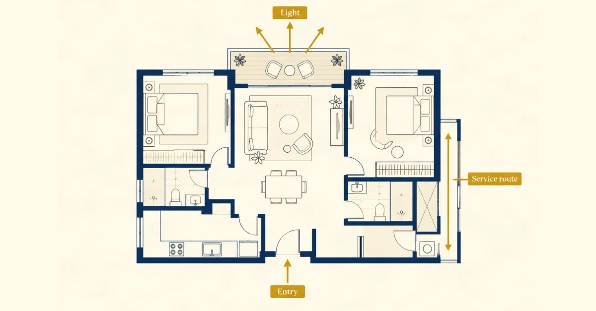 Annotated apartment floor plan showing light, privacy and service routes