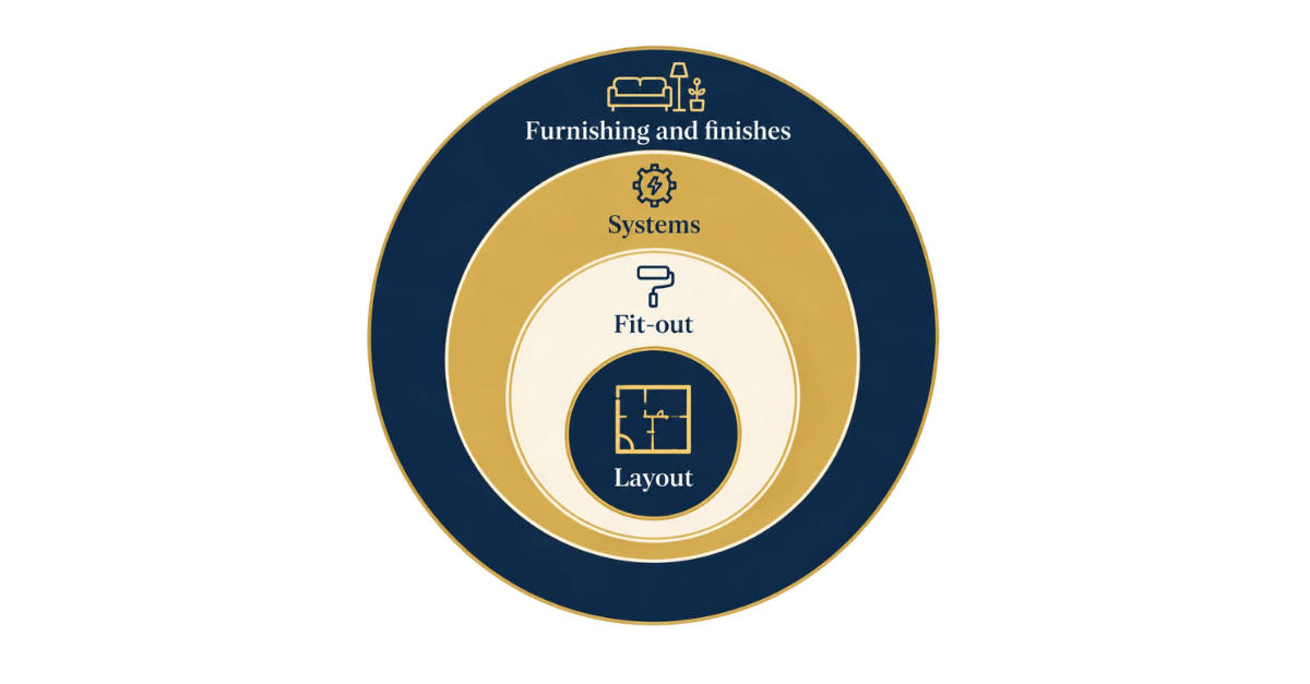 Four layers of a customized luxury apartment: layout, fit-out, systems, furnishing and finishes